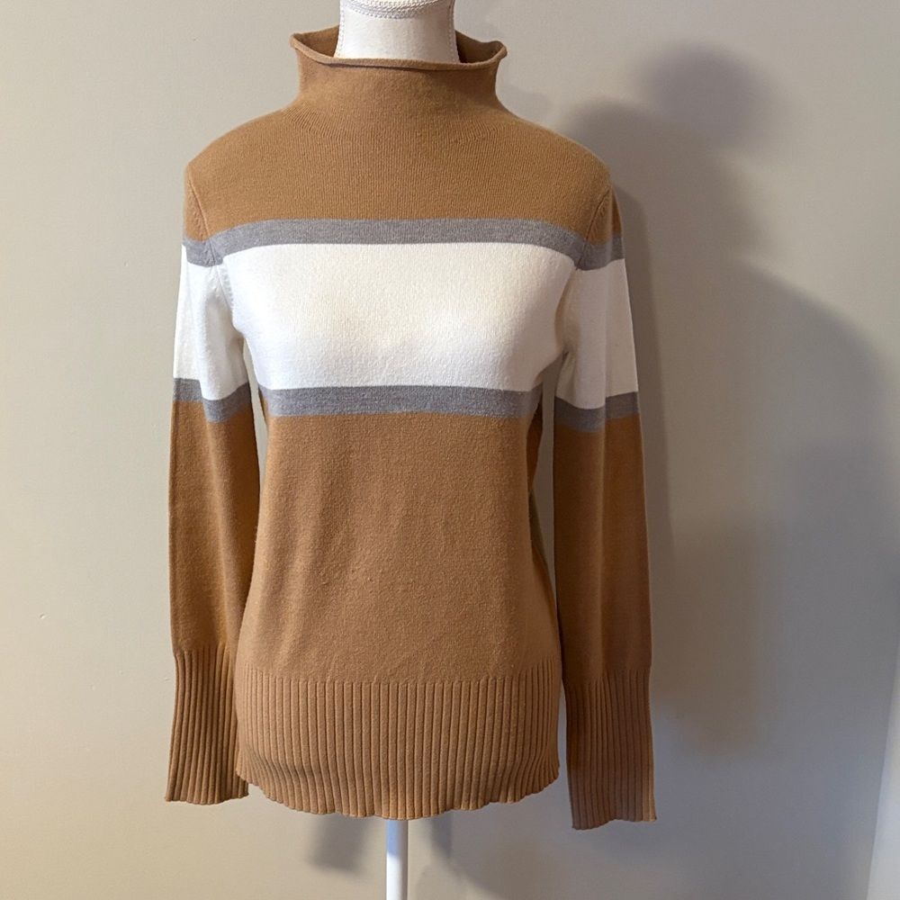 French Connection Mock Neck Tan and White Striped Sweater. Size Small